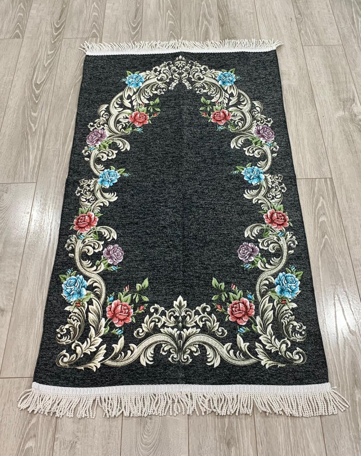 Granite Grey Floral Woven Velvet Janamaz