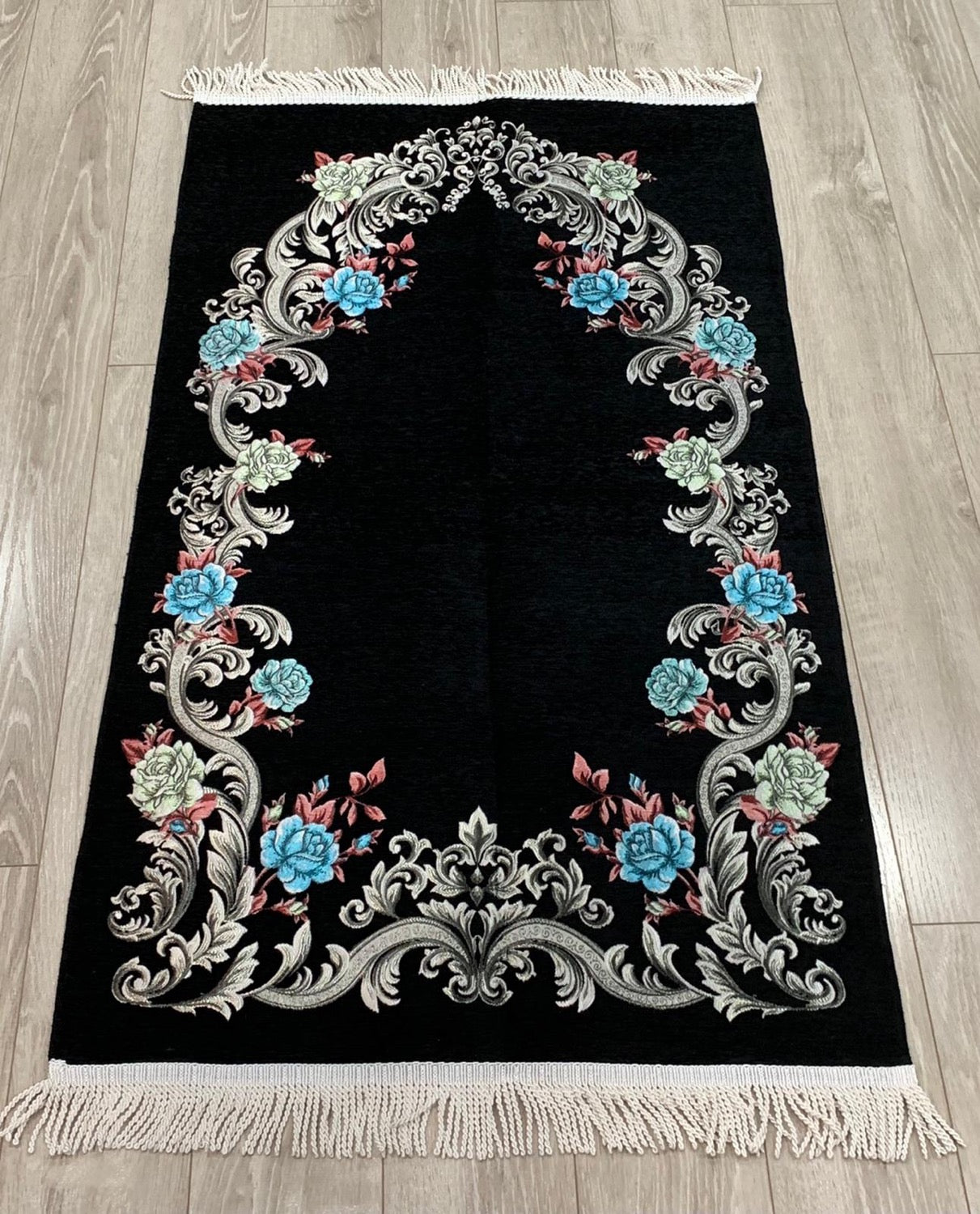 Black Floral Woven Velvet Janamaz