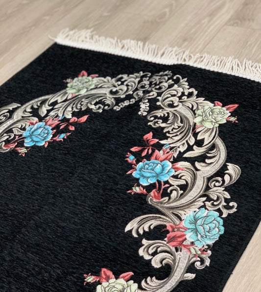 Black Floral Woven Velvet Janamaz