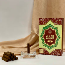 Load image into Gallery viewer, No Charcoal , No Eleectric Burner !  These Oud/bakhoor sticks are easy to use. The set comes with a crystal glads tray and 10 Oud/bakhoor sticks.   Just light the stick as shown in the sample video, let it burn for 10-15 seconds and then turn off the flame as shown, and the stick will burn and the burnt Oud/bakhoor will collect in the tray  enjoy the beautiful scent  one stick will burn for about 15-20 minutes 
