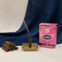 Load image into Gallery viewer, No Charcoal , No Eleectric Burner !  These Oud/bakhoor sticks are easy to use. The set comes with a metal tray and 10 Oud/bakhoor sticks.   Just light the stick as shown in the sample video, let it burn for 10-15 seconds and then turn off the flame as shown, and the stick will burn and the burnt Oud/bakhoor will collect in the tray  enjoy the beautiful scent  one stick will burn for about 15-20 minutes  
